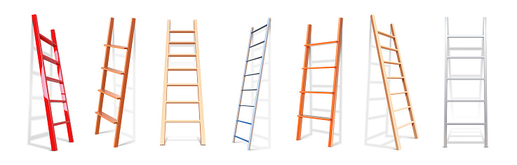 Realistic staircase. 3D wooden or metal stairs constructions. Isolated vertical stepladders lean on wall. Portable repairs equipment for climbing. Building tools set. Vector ladders with shadow effect