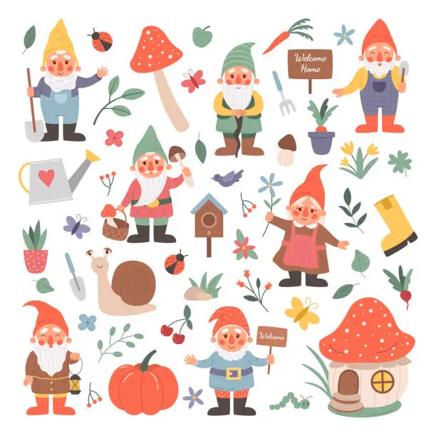 Vector illustration of Garden gnomes. Cartoon fairy tale creatures with flowers and mushrooms. Isolated fictional characters set and floral decorative elements. Vector dwarfs holding agricultural instruments