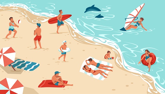 People on summer beach. Cartoon men and women rest on seashore. Cute happy persons sunbathing or surfing. Boys play with ball. Girl builds sand castle. Outdoor activities at sea. Vector illustration