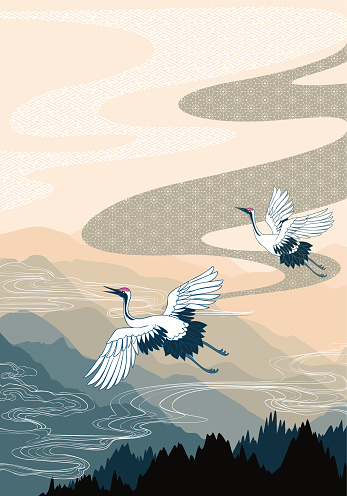 Traditional oriental mountain scenery background with cloud and crane flying drawing.