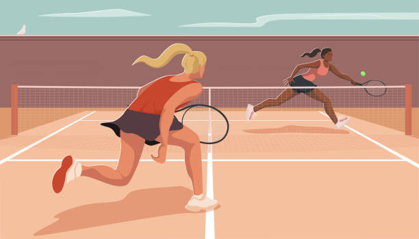 여자 테니스 선수는 투명한 배경에 고립 된 라켓으로 공을 치기 위해 달려있습니다. 테니스 경기 - tennis forehand people sports and fitness stock illustrations