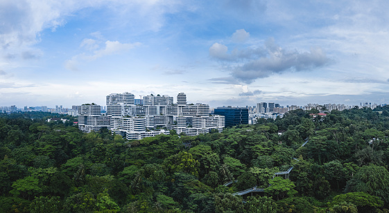 Modern residential area in Singapore where the houses are shaped like shoe boxes placed on top of each other. People live in small compact smart home apartments close to the neighbour, surrounded by lush green tropical rainforest. This aerial view shows the Alexandra district of Singapore.