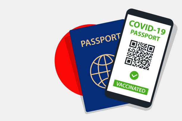 istock Covid-19 Passport on Japan Flag Background. Vaccinated. QR Code. Smartphone. Immune Health Cerificate. Vaccination Document. Vector 1322889570