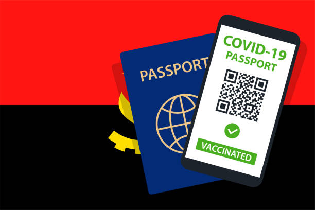 istock Covid-19 Passport on Angola Flag Background. Vaccinated. QR Code. Smartphone. Immune Health Cerificate. Vaccination Document. Vector 1322889573