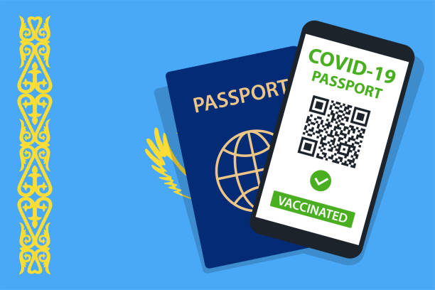 istock Covid-19 Passport on Kazakhstan Flag Background. Vaccinated. QR Code. Smartphone. Immune Health Cerificate. Vaccination Document. Vector 1322889579
