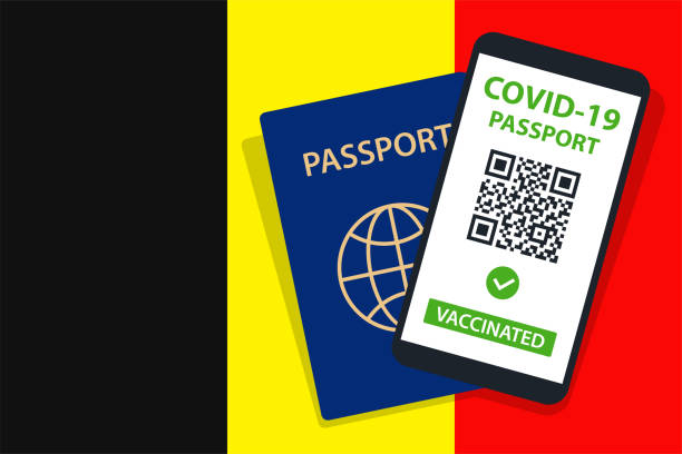 istock Covid-19 Passport on Belgium Flag Background. Vaccinated. QR Code. Smartphone. Immune Health Cerificate. Vaccination Document. Vector 1322889601