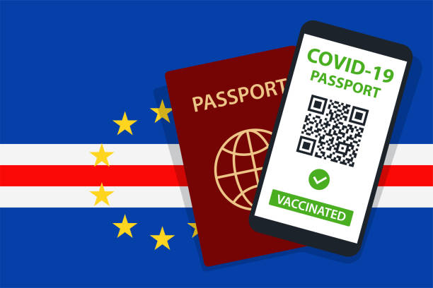 istock Covid-19 Passport on Cape Verde Flag Background. Vaccinated. QR Code. Smartphone. Immune Health Cerificate. Vaccination Document. Vector 1322889633