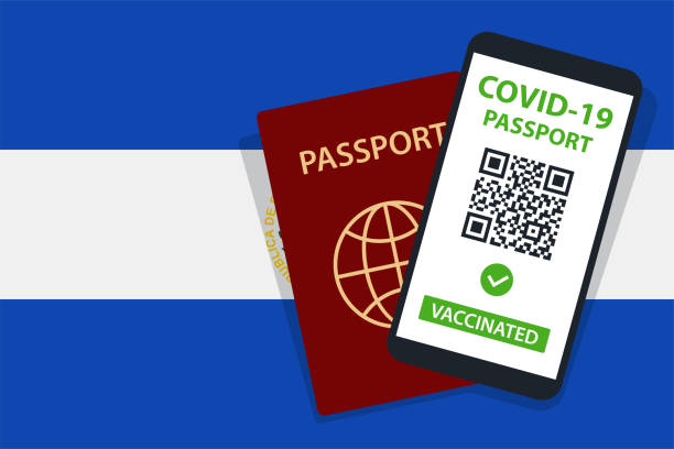 istock Covid-19 Passport on El Salvador Flag Background. Vaccinated. QR Code. Smartphone. Immune Health Cerificate. Vaccination Document. Vector 1322889667