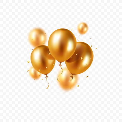 Realistic floating vector balloons isolated on transparent background. Design element gold colored balloons and glittering confetti for greeting card or party invitation. Vector illustration