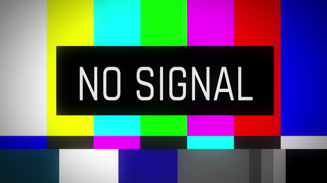 No signal warning text on retro TV screen, glitchy analog color bar static noise