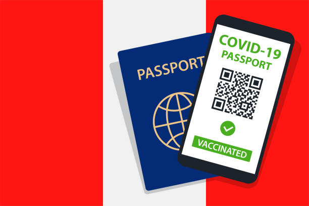istock Covid-19 Passport on Peru Flag Background. Vaccinated. QR Code. Smartphone. Immune Health Cerificate. Vaccination Document. Vector 1322892198