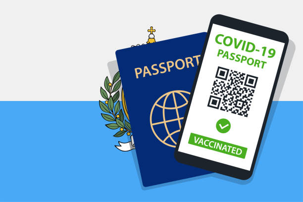 istock Covid-19 Passport on San Marino Flag Background. Vaccinated. QR Code. Smartphone. Immune Health Cerificate. Vaccination Document. Vector 1322892228