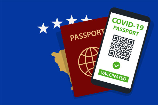 istock Covid-19 Passport on Kosovo Flag Background. Vaccinated. QR Code. Smartphone. Immune Health Cerificate. Vaccination Document. Vector 1322892311