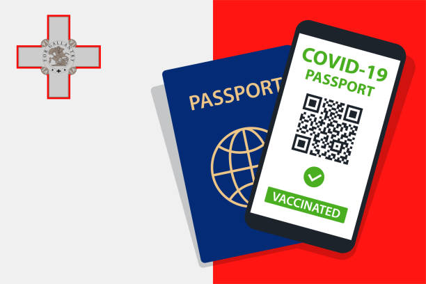 istock Covid-19 Passport on Malta Flag Background. Vaccinated. QR Code. Smartphone. Immune Health Cerificate. Vaccination Document. Vector 1322892329