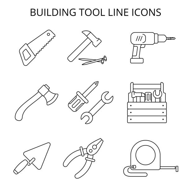 illustrazioni stock, clip art, cartoni animati e icone di tendenza di strumenti per fabbri a mano. set di schizzi vettoriali in stile piatto - hardware store work tool carpentry home improvement