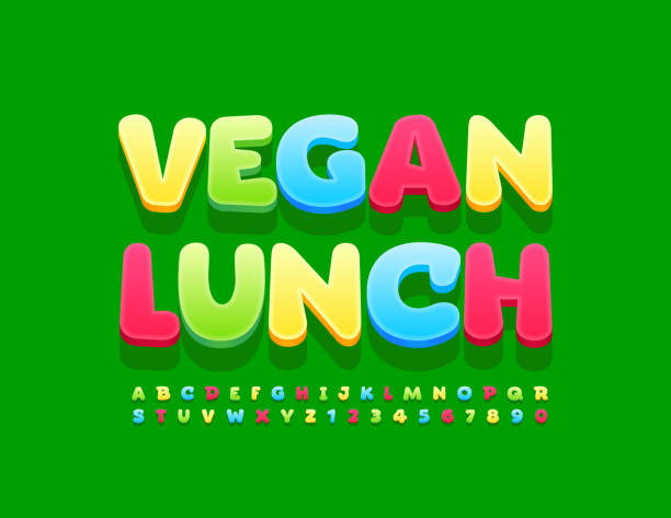 illustrazioni stock, clip art, cartoni animati e icone di tendenza di vettore segno alla moda pranzo vegano. insieme di lettere e numeri dell'alfabeto moderno - food lunch vegetable pattern