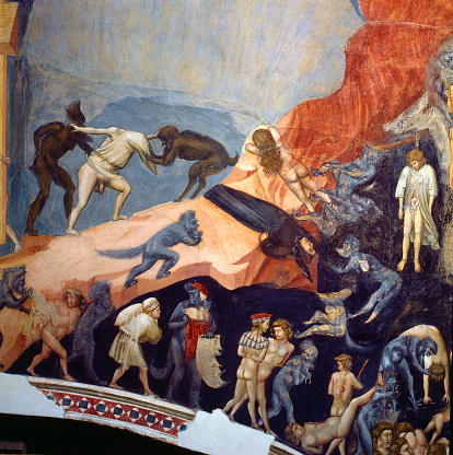 Padova. Detail of the Hell. Scene of torture by devils on the hell. Painting by Giotto