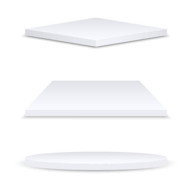 stockillustraties, clipart, cartoons en iconen met reeks realistische podia of tentoonstellingsonderstellen die op witte achtergrond worden geïsoleerd. rond, vierkant en ruit - bouwplatform