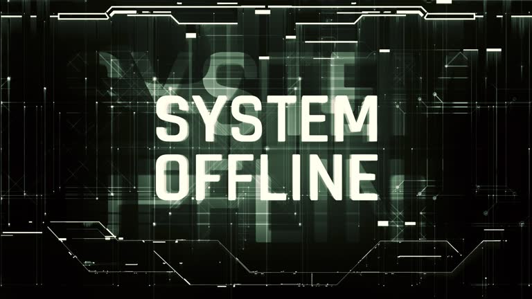 System offline warning text on glitchy screen, computer virus, hacking attack
