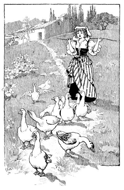 A young female minding a flock of geese in a rural setting. From “Little Folks - A Magazine for the Young“. Published by Cassell & Company Limited, London, Paris & Melbourne, 1896.