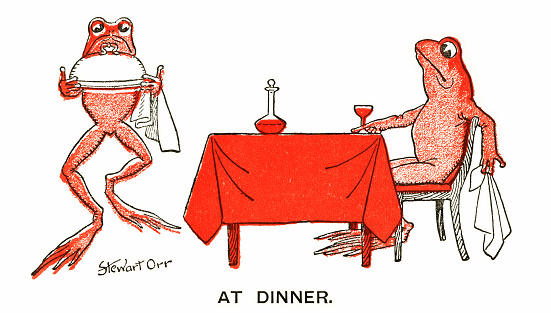 A frog sitting at a table, waiting for his dinner which is being delivered on a silver salver by another frog. From “Little Folks - A Magazine for the Young“. Published by Cassell & Company Limited, London, Paris & Melbourne, 1896.