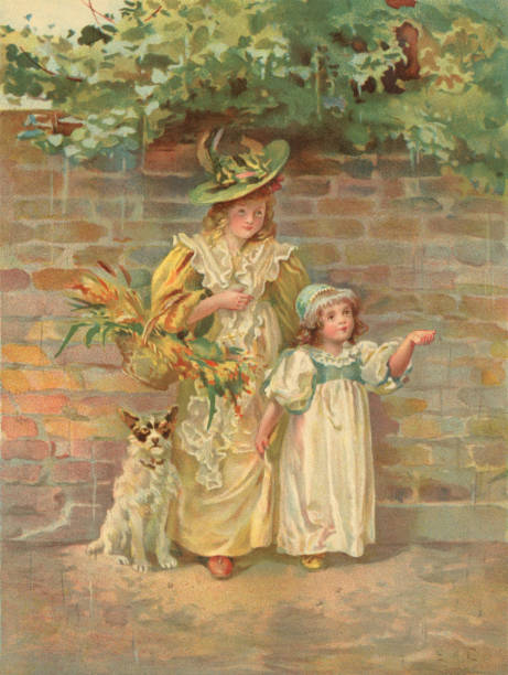istock Eighteenth century mother, daughter and dog sheltering from the rain 1322897565