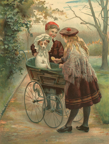 A miserable-looking dog sitting in a pram and being offered the bribe of a biscuit by a Victorian girl, while a boy smiles. The poor animal has been dressed in a frilly bonnet and looks acutely embarrassed. From “Little Folks - A Magazine for the Young“. Published by Cassell & Company Limited, London, Paris & Melbourne, 1896.