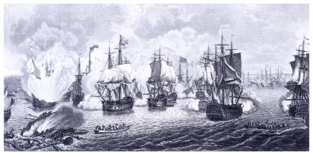 ilustrações, clipart, desenhos animados e ícones de batalha naval de chesme 1770 - galleon