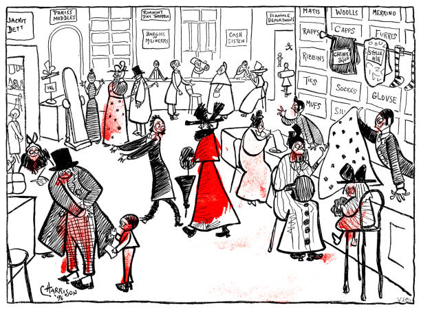 Naive illustration of a department store with a variety of customers and serving staff. A floor-walker is directing a lady in a red coat to the department she requires. The artist has deliberately created the illustration to resemble one done by a child. From “Little Folks - A Magazine for the Young“. Published by Cassell & Company Limited, London, Paris & Melbourne, 1896.