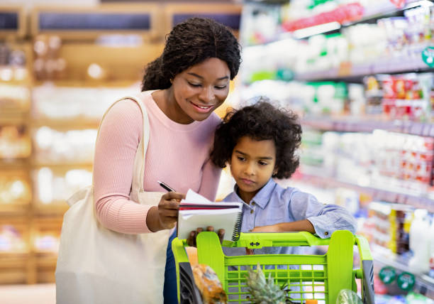 istock Millennial black mother and her adorable daughter checking grocery list in notebook while shopping at supermarket 1322898698