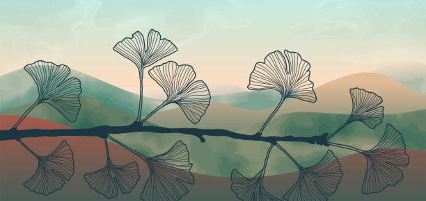 Natural abstract botanical art banner with ginkgo branch Natural botanical art banner with ginkgo branch and watercolor. Wall art drawing with abstract line ginkgo leaves. Pattern for t shirt print, cover, wallpaper, web banner and textile print watercolor painting landscapes stock illustrations