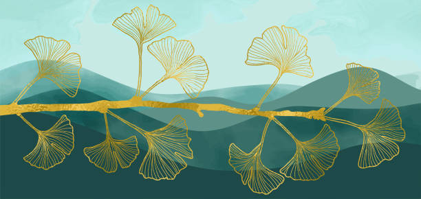 ilustrações, clipart, desenhos animados e ícones de bandeira de arte botânica abstrata natural com ramal ginkgo de papel alumínio - ginkgo tree
