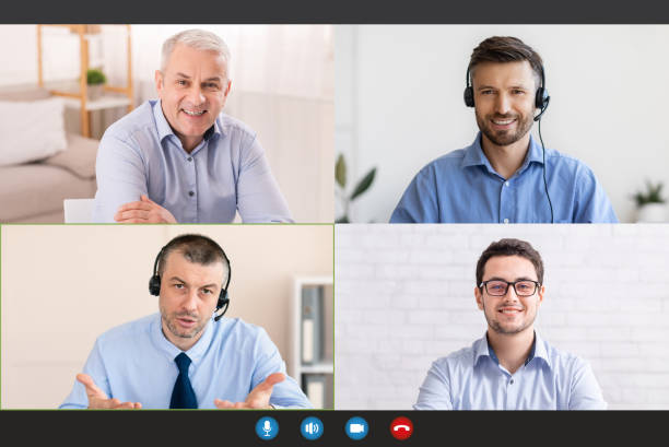istock Remote communication during covid outbreak. Screen with happy male colleagues discussing business issues on webcam 1322904594