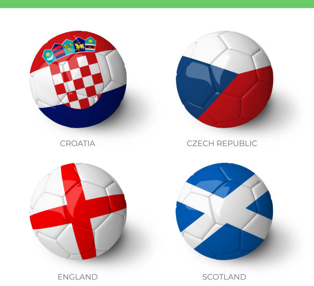 bälle mit der kroatien tschechische republik england schottland flaggen isoliert auf weißem hintergrund. - england map soccer soccer ball stock-grafiken, -clipart, -cartoons und -symbole