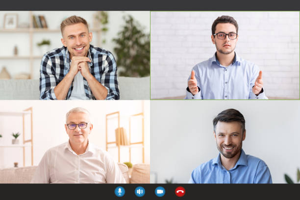 istock Monitor screen with cheerful men having group video chat, speaking to each other via internet 1322904936