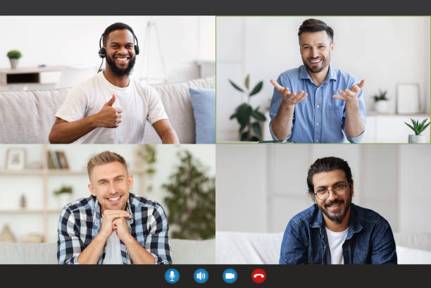 istock Multiracial business team having online conference, communicating on video chat, view of monitor screen 1322905030