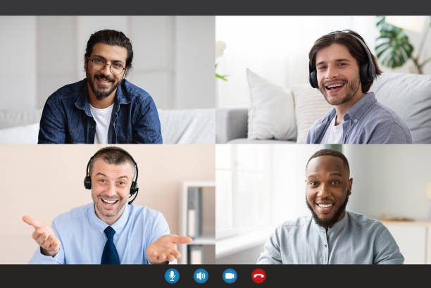 istock Online group conference. Screen with multinational men making video call, communicating to each other on webcam 1322905044