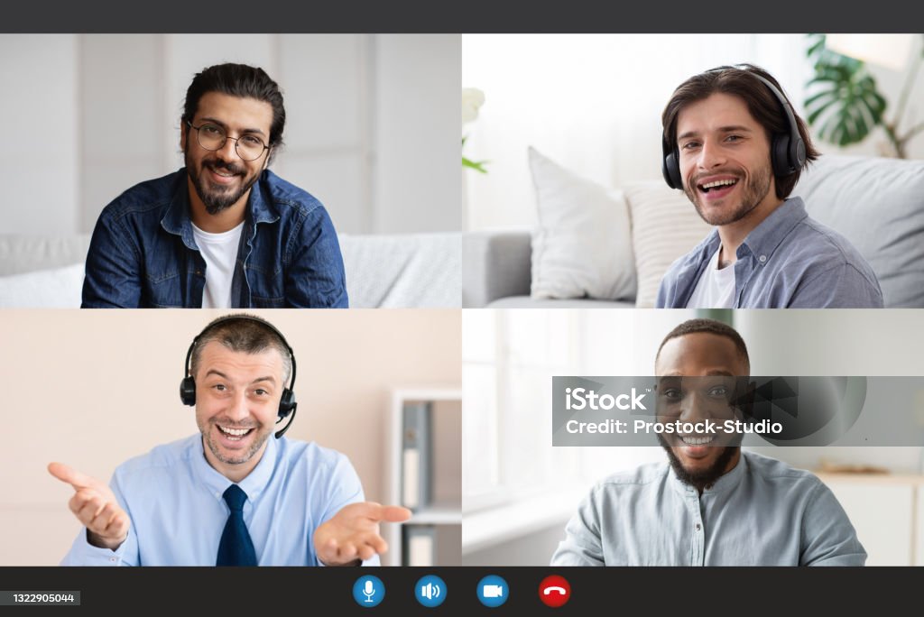 Call Conference Internet Online Group Conference Screen With Multinational Men Making Video Call ...