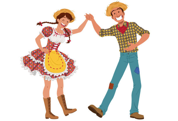 Junina Festival in Brazil Man dressed in plaid shirt and woman wearing floral peasant dress for traditional brazilian party celebrated in June. line dance stock illustrations