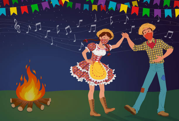 Junina Festival in Brazil Man dressed in plaid shirt and woman wearing floral peasant dress for traditional brazilian party celebrated in June. line dance stock illustrations