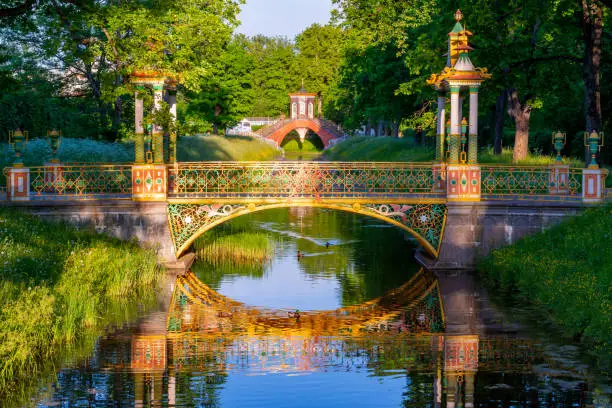 Cross bridge and Chinese bridges in Alexander park in summer, Pushkin (Tsarskoe Selo), Saint Petersburg, Russia