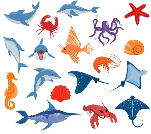 Vector illustration of a set of vector illustrations with the inhabitants of the sea. A variety of mammals, fish and shellfish isolated on a white background