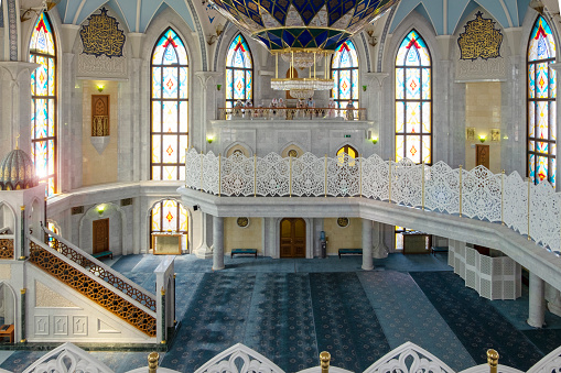 Kazan, Russia - May 19, 2021. View of the prayer hall for believers of the Kul Sharif cathedral mosque. Religion, Islam. Selective focus.