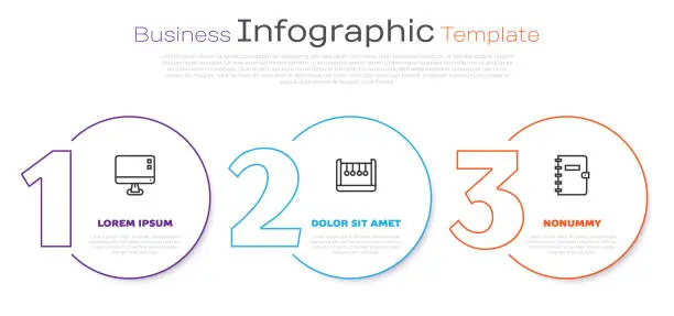 Vector illustration of Set line Computer monitor screen, Pendulum and Spiral notebook. Business infographic template. Vector