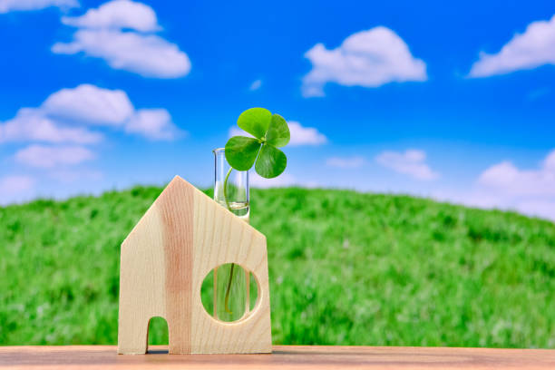Small houses on a wooden table. Wooden miniature house and plants.