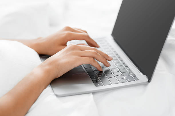 istock Remote work from home, work in bedroom, social networks and chat in morning 1322915202