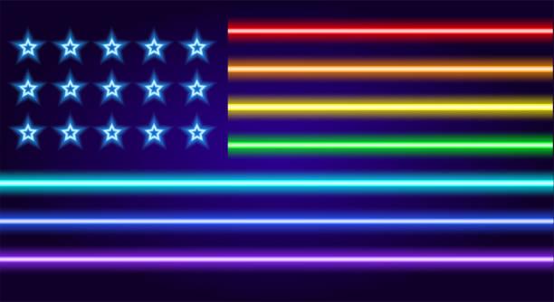 다른 색상 줄무늬와 미국 국기의 네온 기호. 블루 스타와 수평 무지개 줄무늬와 네온 사인 글로우 - 인 더 다크 미국 플래그, 디자인 템플릿어두운 배경에 lgbt 기호 - neon light rainbow bright gay pride stock illustrations