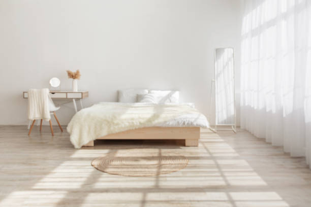 istock Simple boho home design, fashionable bedroom, sun flare 1322918652