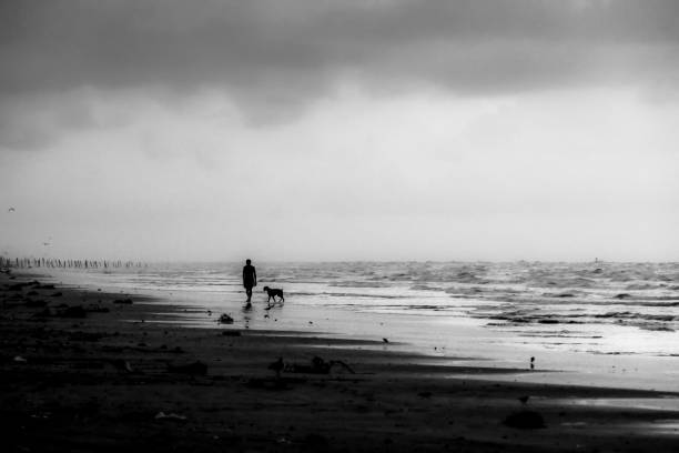 Black and white empty beach at the sea, silhouette of the benches and some people