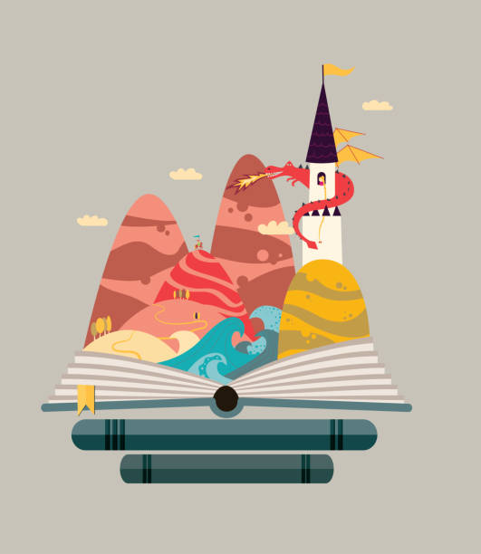 ilustrações de stock, clip art, desenhos animados e ícones de fairy tale story - castle on the hill with princess guard by a dragon and brave knight wanted to rescue her. orange yellow and blue - save oceans